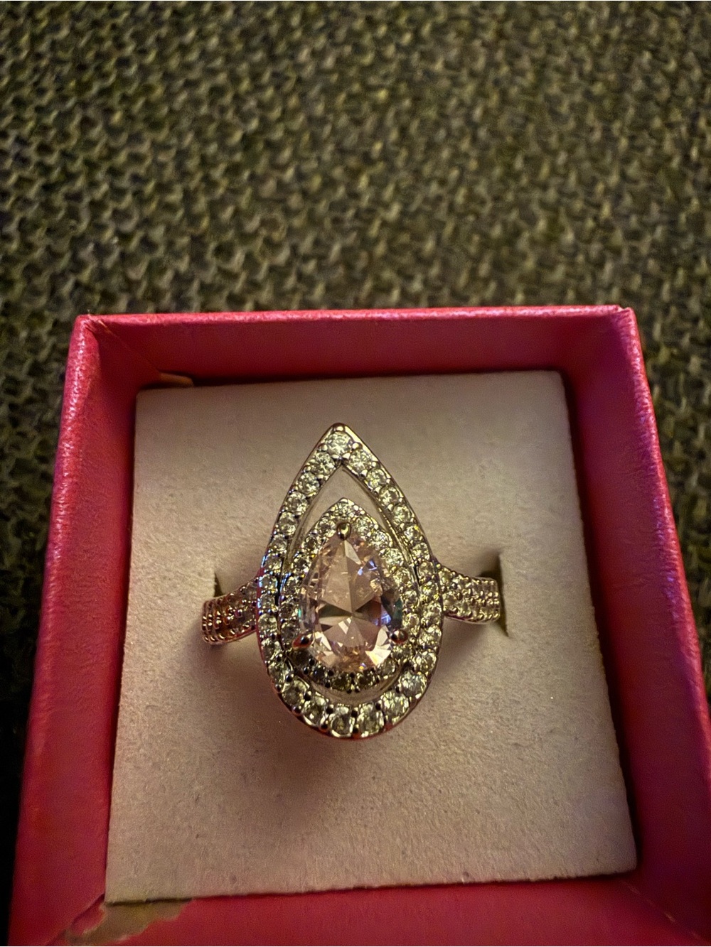 Pear-Shaped Pink Crystal Halo Ring on rhodium